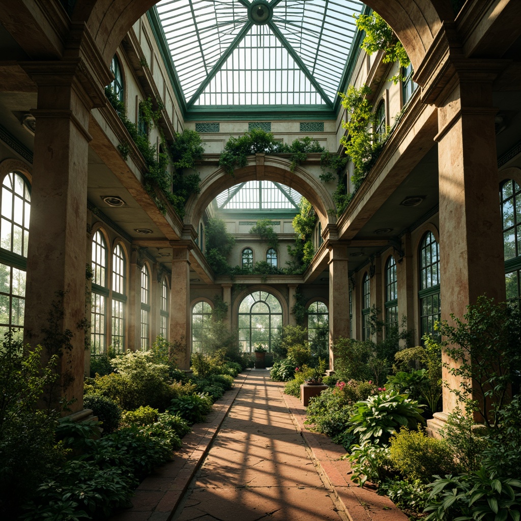 Prompt: Ethereal greenhouse, mystical Victorian architecture, intricate stone carvings, lush foliage, moss-covered walls, vines crawling up columns, ornate metalwork, stained glass windows, emerald green accents, rich wood tones, earthy terracotta hues, soft misty lighting, warm golden hour glow, shallow depth of field, 1/1 composition, symmetrical framing, mystical ambient atmosphere.