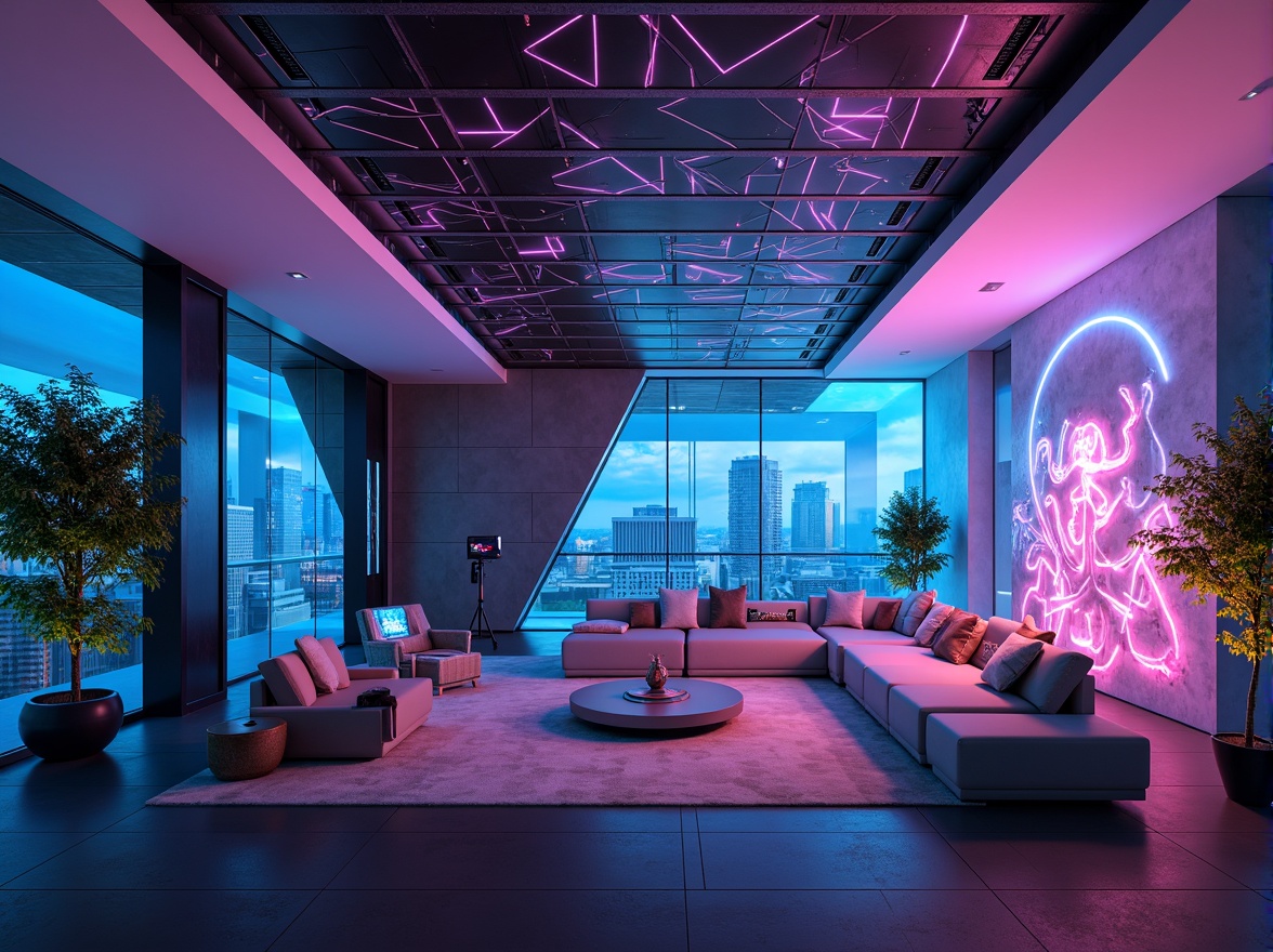 Prompt: Futuristic interior space, neon-lit ambiance, holographic projections, sleek metallic surfaces, angular lines, minimalist decor, levitating furniture, smart glass walls, ambient LED lighting, misty atmospheric effects, futuristic gadgets, virtual reality interfaces, 3D-printed decorative elements, iridescent color schemes, glowing accents, abstract geometric patterns, luxurious velvety textures, panoramic cityscape views, high-tech audiovisual systems, immersive cinematic experiences.