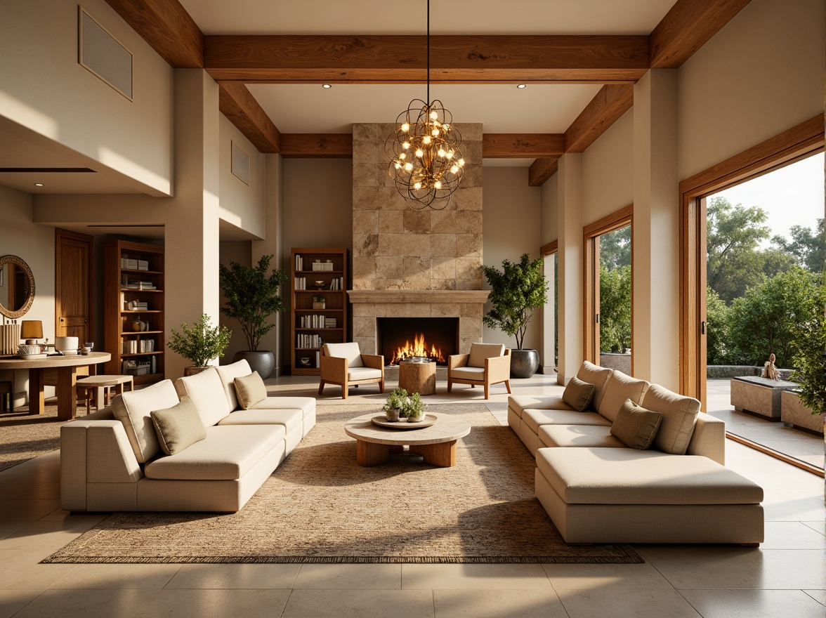 Prompt: Cozy living room, plush sofas, warm beige walls, rich wood accents, soft golden lighting, comfortable seating areas, vibrant greenery, natural stone fireplaces, elegant chandeliers, luxurious textiles, creamy marble countertops, spacious open layouts, minimal ornamentation, calming color schemes, serene ambiance, inviting atmosphere, 1/1 composition, shallow depth of field, warm and cozy mood.