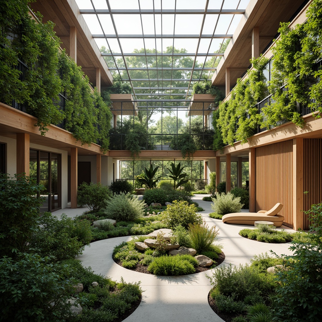 Prompt: Green roofs, living walls, vertical gardens, natural ventilation systems, operable windows, clerestory windows, solar chimneys, wind catchers, atriums, internal courtyards, open floor plans, breathable materials, recycled wood accents, earthy color schemes, organic shapes, curved lines, minimalist decor, abundant natural light, soft warm ambiance, shallow depth of field, 1/1 composition, realistic textures, ambient occlusion.