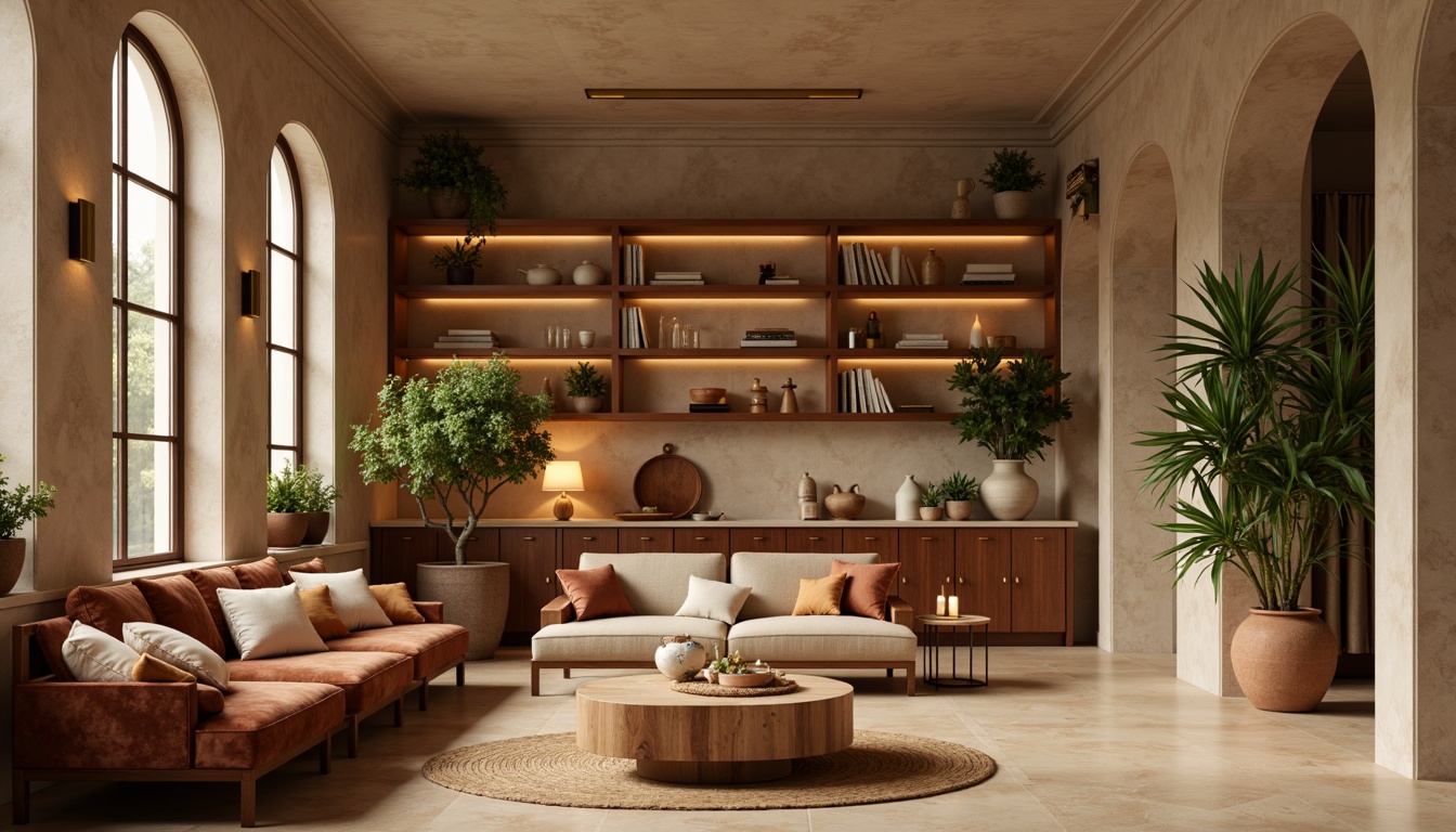 Prompt: Warm beige walls, soft cream accents, rich wood tones, plush velvet fabrics, golden brass fixtures, creamy marble countertops, earthy terracotta pottery, lush greenery, natural stone flooring, cozy candlelight, warm ambient glow, shallow depth of field, 3/4 composition, realistic textures, inviting atmosphere.