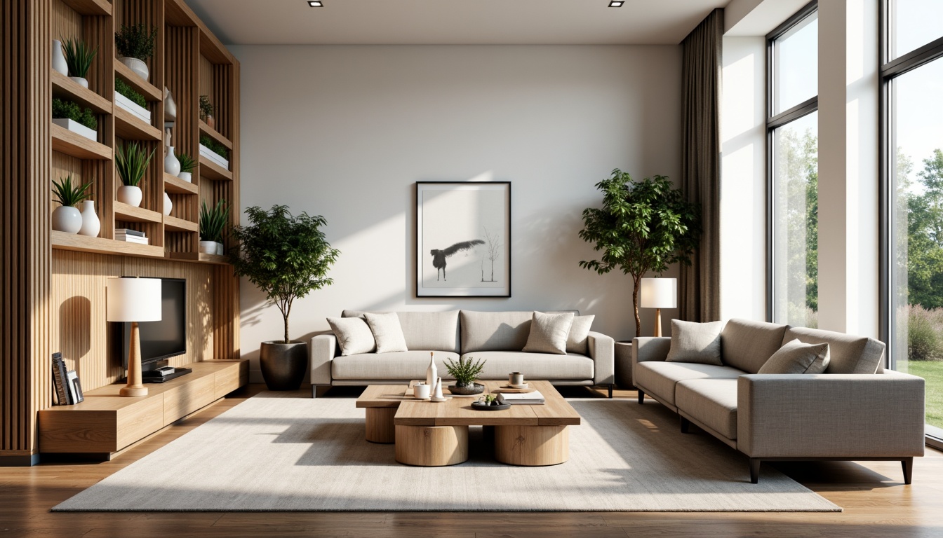 Prompt: Modern living room, minimalist decor, sleek lines, comfortable sofas, wooden coffee tables, floor lamps, plants on shelves, large windows, natural light, soft curtains, cozy atmosphere, 1/1 composition, shallow depth of field, realistic textures, ambient occlusion.