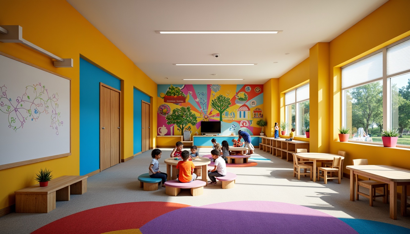 Prompt: Vibrant kindergarten, playful learning environment, bold primary colors, cheerful murals, interactive whiteboards, ergonomic furniture, rounded edges, soft carpeted floors, natural wood accents, abundant daylight, warm LED lighting, shallow depth of field, 1/1 composition, panoramic view, realistic textures, ambient occlusion.