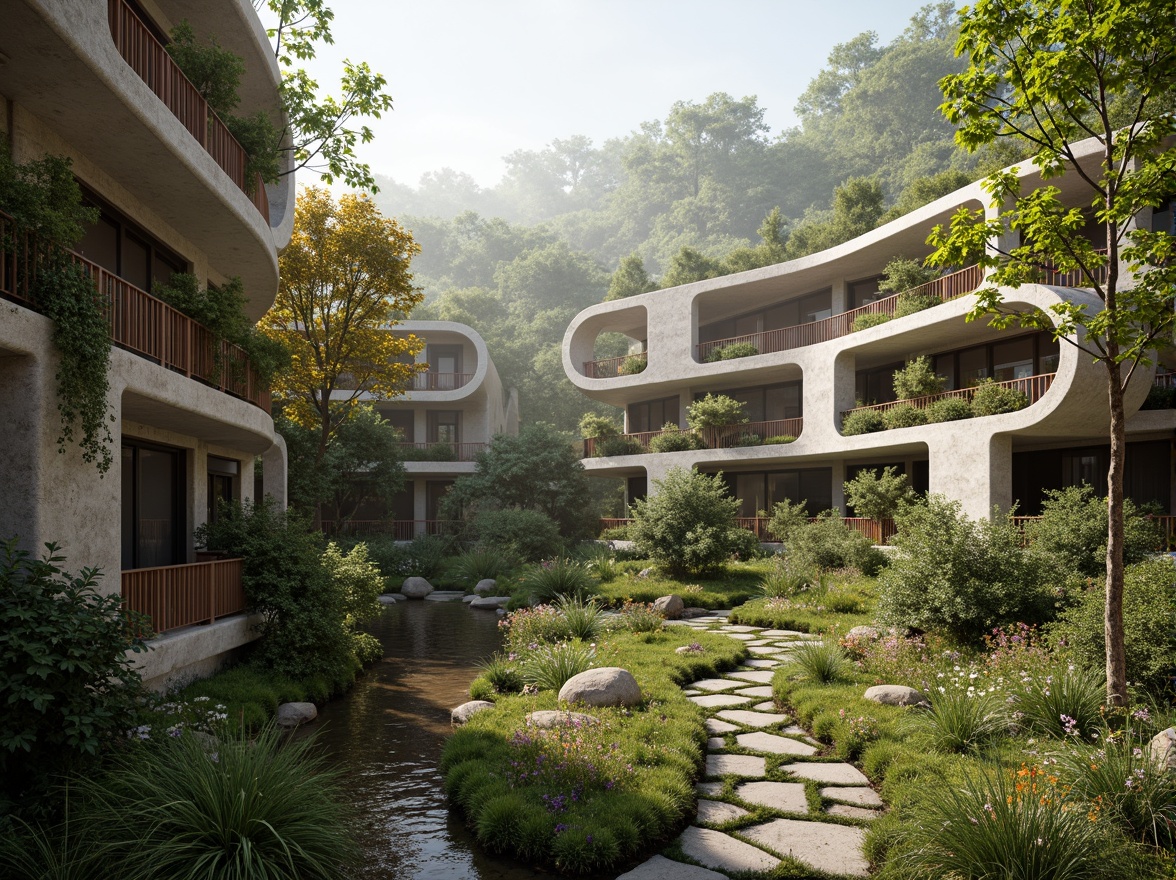 Prompt: Seamless landscape integration, organic curves, natural stone walls, lush green roofs, cantilevered structures, wooden decks, rustic railings, verdant vegetation, wildflowers, serene water features, gentle streams, meandering paths, weathered wood accents, earthy color palette, warm sunlight, soft shadows, atmospheric mist, 1/2 composition, symmetrical framing, realistic foliage, detailed textures.