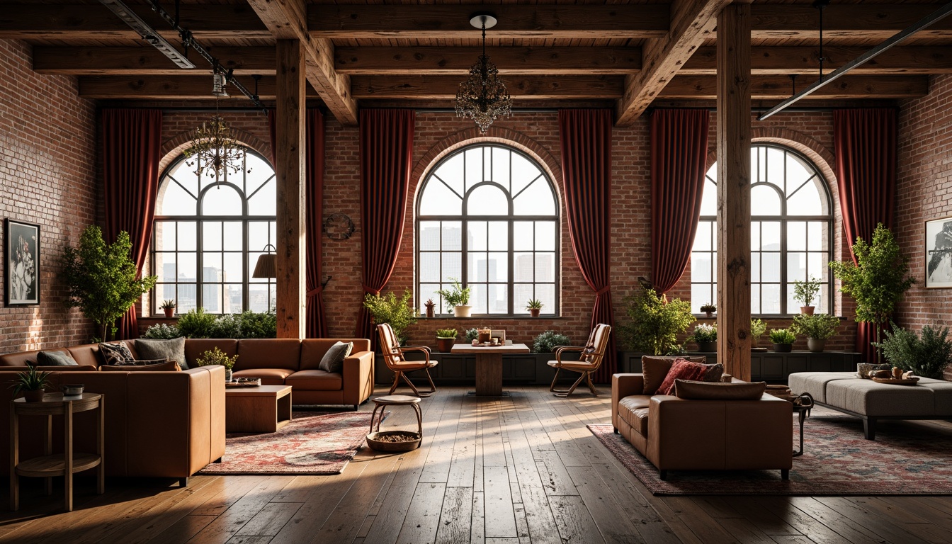 Prompt: Industrial-chic loft interior, exposed brick walls, rustic wooden beams, reclaimed wood flooring, ornate metalwork, grand arched windows, elegant chandeliers, luxurious velvet drapes, rich leather upholstery, minimalist modern furniture, eclectic art pieces, vintage decorative accents, warm ambient lighting, soft warm color palette, atmospheric shadows, 1/1 composition, realistic textures, ambient occlusion.