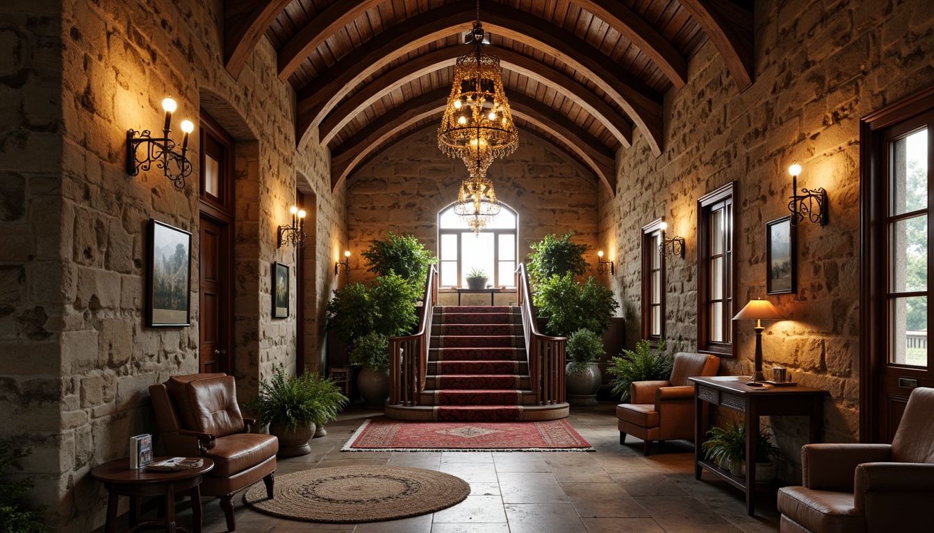 Prompt: Vaulted archways, rustic stone walls, distressed wooden beams, ornate ironwork, grand staircase, lavish chandeliers, rich tapestries, warm earthy tones, soft natural light, shallow depth of field, 1/2 composition, atmospheric perspective, realistic textures, ambient occlusion.