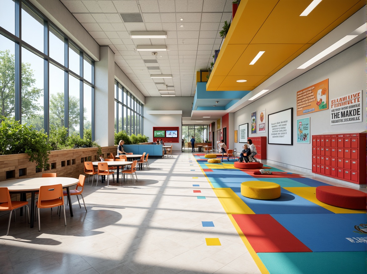 Prompt: Vibrant elementary school, colorful classrooms, stimulating learning environment, interactive whiteboards, playful furniture, ergonomic chairs, collaborative desks, inspirational quotes, motivational posters, bright natural light, large windows, transparent glass walls, cheerful corridors, lively lockers, dynamic color scheme, bold accent walls, energetic paint colors, whimsical patterns, geometric shapes, fun textures, engaging displays, immersive technology integration, futuristic interior design, innovative storage solutions, cozy reading nooks, inviting community spaces, inclusive accessibility features.