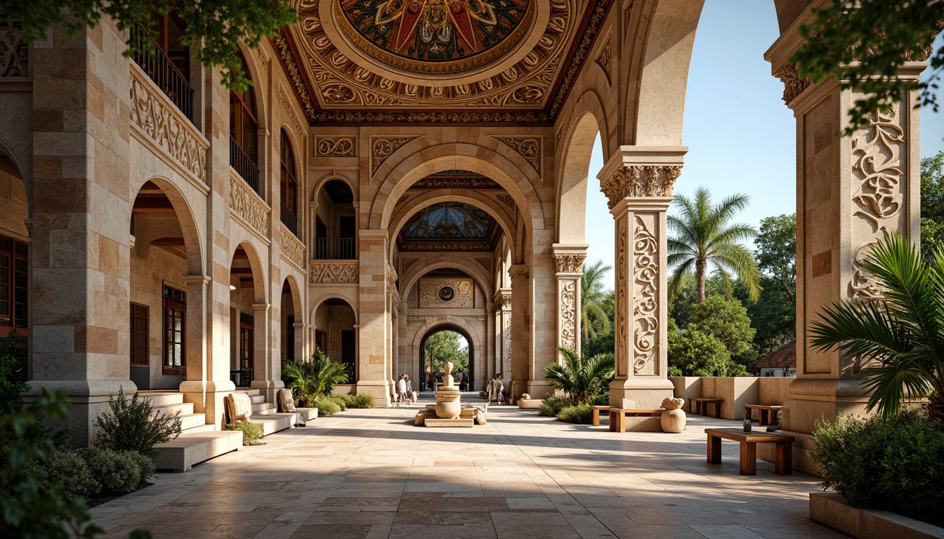 Prompt: Intricate stone carvings, ornate arches, grand domes, vibrant mosaics, golden accents, rustic brick walls, Byzantine-inspired ornaments, exotic zoo animals, lush greenery, tropical plants, warm sunny day, soft natural lighting, shallow depth of field, 3/4 composition, panoramic view, realistic textures, ambient occlusion.