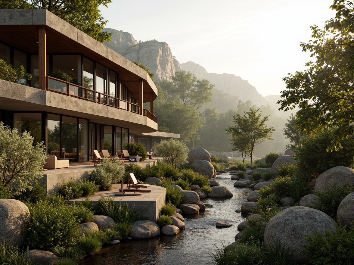 Prompt: Seamless landscape integration, lush greenery, meandering streams, rocky outcrops, weathered stone walls, natural wood accents, earthy tones, organic curves, curved lines, minimalist architecture, large windows, sliding glass doors, cantilevered roofs, overhanging eaves, rustic wooden decks, native plant species, wildflower gardens, misty morning atmosphere, warm golden lighting, shallow depth of field, 2/3 composition, panoramic view, realistic textures, ambient occlusion.