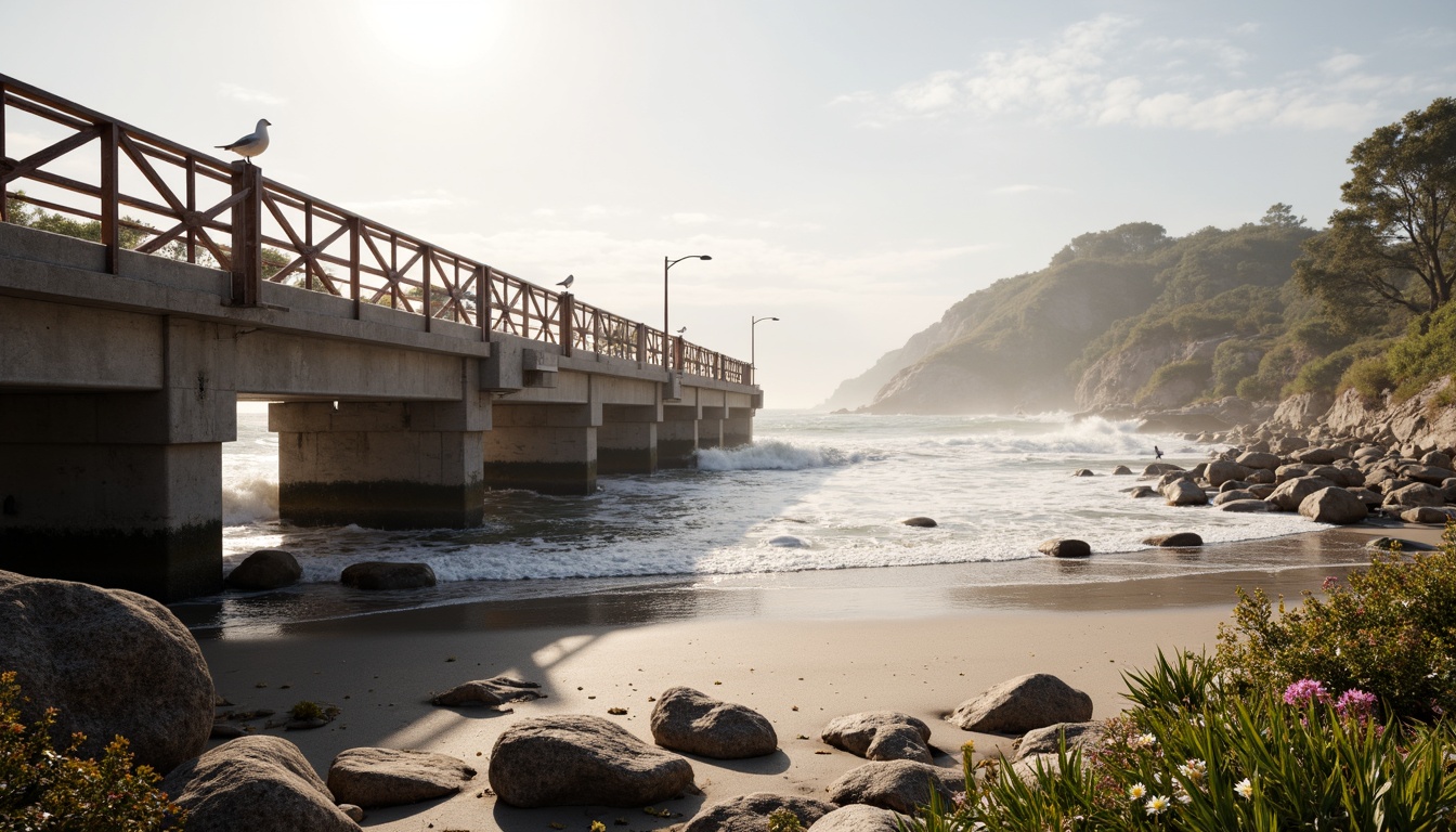 Prompt: Weathered steel bridges, rusty metal accents, driftwood-inspired railings, ocean-battered concrete piers, rough-hewn stone abutments, sea-salt-eroded surfaces, misty atmospheric effects, soft warm lighting, shallow depth of field, 1/1 composition, realistic textures, ambient occlusion, ocean waves crashing, seagulls flying overhead, coastal vegetation, sandy beach shores, rocky tide pools, sunny day with gentle breeze.