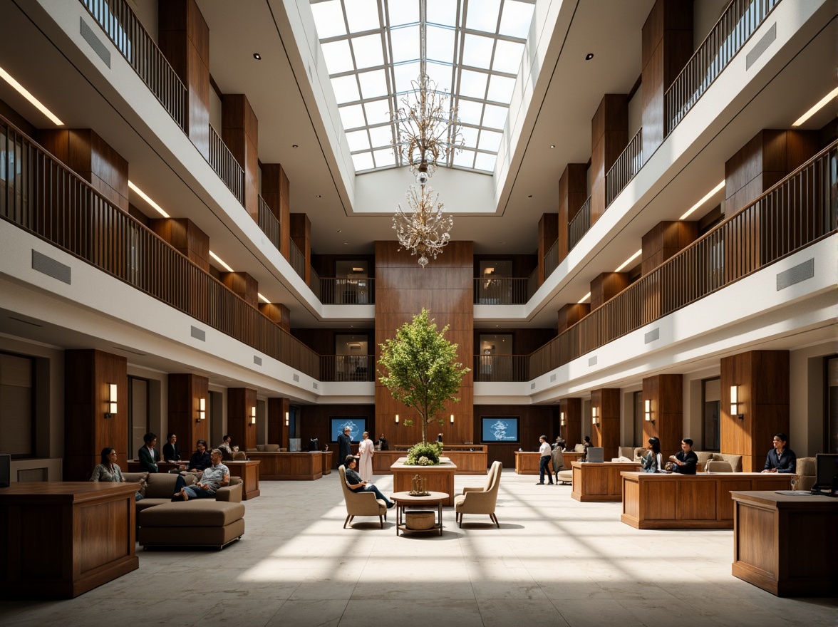 Prompt: Grand courthouse interior, high ceilings, marble flooring, wooden accents, ornate chandeliers, natural light pouring through skylights, open atriums, spacious hallways, comfortable seating areas, elegant judge's benches, sleek metal railings, modern digital displays, subtle color schemes, sophisticated lighting systems, 1/2 composition, warm atmospheric glow, realistic textures, ambient occlusion.