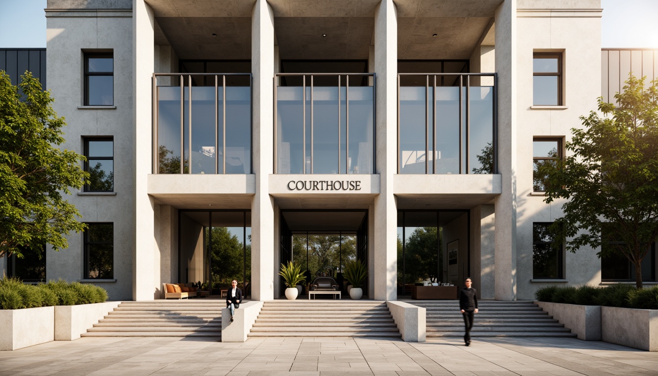 Prompt: Grand courthouse building, modernist fa\u00e7ade design, symmetrical columns, sleek glass surfaces, metallic frames, angular lines, minimalist ornamentation, neutral color palette, subtle texture variations, grand entrance stairs, imposing stone walls, historic significance, morning sunlight, soft warm lighting, shallow depth of field, 1/2 composition, realistic reflections, ambient occlusion.