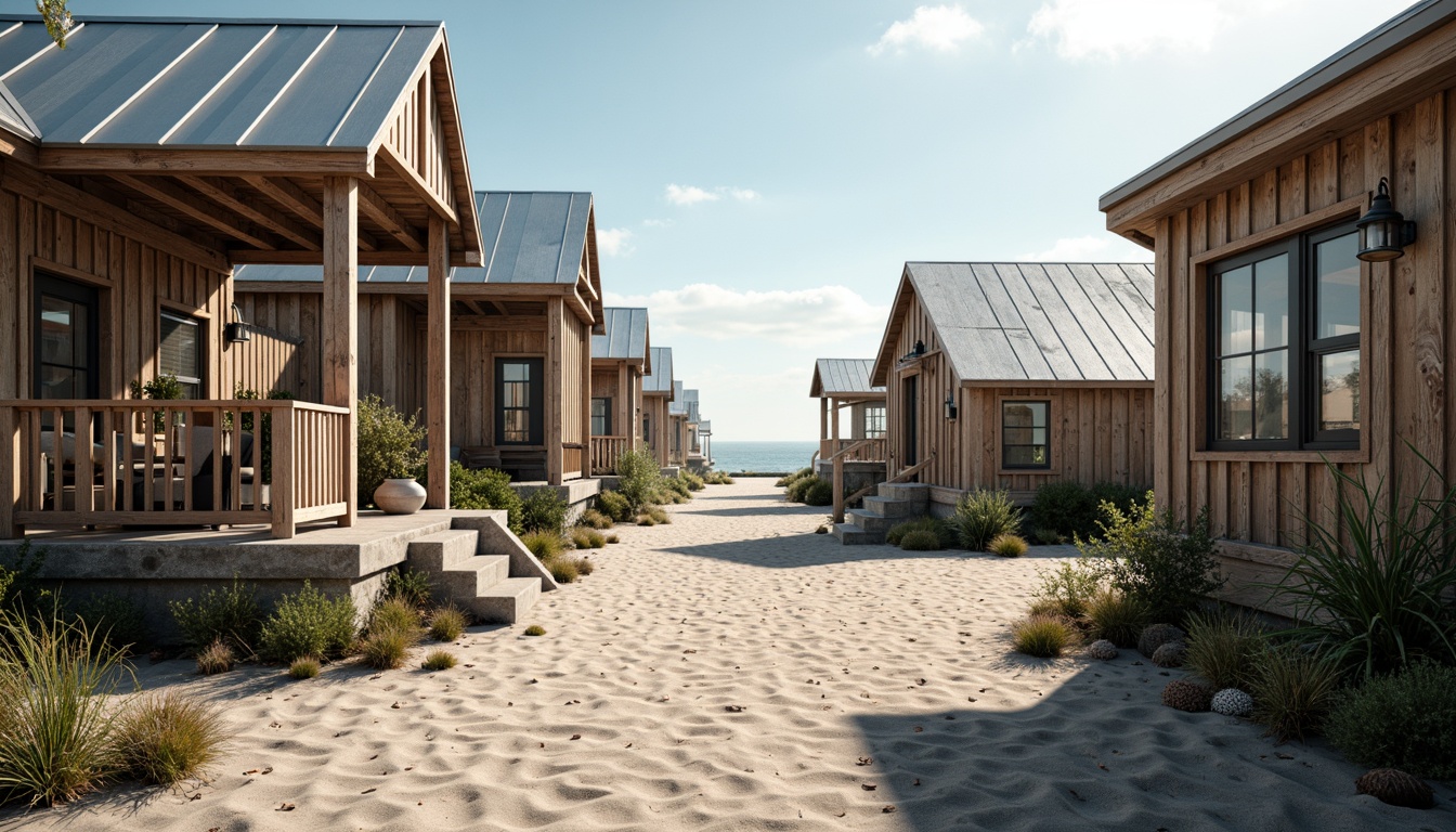 Prompt: Rustic coastal buildings, weathered wooden planks, driftwood accents, corrugated metal roofs, nautical ropes, distressed brick walls, sandy dunes, seashells, ocean views, salty air, misty mornings, warm sunlight, soft beachy lighting, shallow depth of field, 3/4 composition, panoramic view, realistic textures, ambient occlusion.