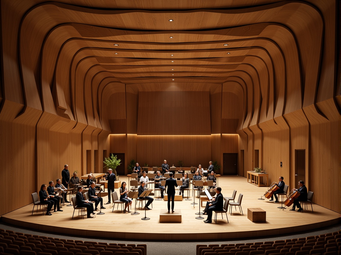 Prompt: Curved concert hall, undulating wooden walls, fluid organic forms, natural materials palette, earthy tones, warm ambient lighting, intimate performance space, acoustic paneling, sound-absorbing textiles, minimalist decor, sleek metal accents, polished wood floors, dynamic ceiling shapes, 3/4 composition, dramatic spotlights, soft focus blur, cinematic camera angles, realistic rendering.