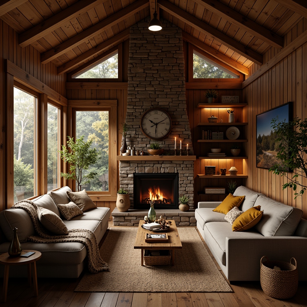 Prompt: Cozy cabin, warm wooden accents, earthy tones, natural textures, woven fibers, plush furnishings, soft candlelight, crackling fireplace, rustic decorations, vintage artifacts, autumnal hues, rich brown, creamy beige, mossy green, sky blue, golden yellow, warm whites, inviting atmosphere, comfortable seating, intimate setting, atmospheric lighting, shallow depth of field, 1/2 composition, realistic renderings, ambient occlusion.