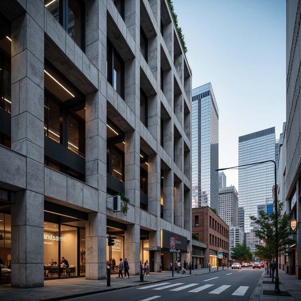 Prompt: Monumental bank building, brutalist architecture, raw concrete texture, industrial steel beams, geometric patterned columns, minimalist decor, functional design, high ceilings, urban cityscape, busy streets, modern skyscrapers, sleek glass facades, bold typography, neutral color scheme, cold grayscale tones, dark blues, rich wood accents, subtle metallic highlights, soft natural light, shallow depth of field, 2/3 composition, realistic materials, ambient occlusion.