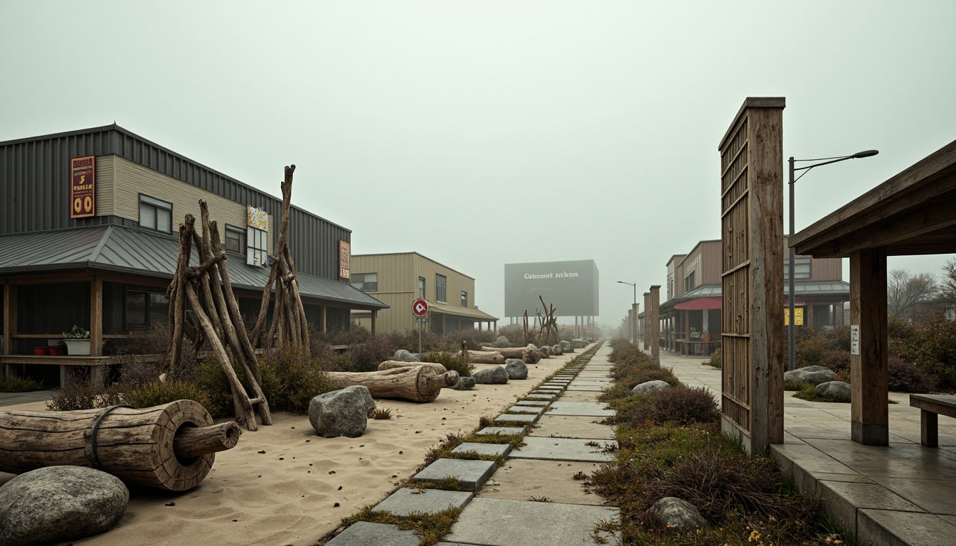 Prompt: Weathered wooden piers, driftwood sculptures, ocean-battered rocks, sandy dunes, sea-salted concrete, corrugated metal roofs, rusty nautical equipment, distressed fishing nets, vintage beach signs, worn stone pathways, tidal pool formations, moss-covered boulders, seaweed-draped pillars, foggy misty atmosphere, soft warm lighting, shallow depth of field, 1/2 composition, realistic textures, ambient occlusion.