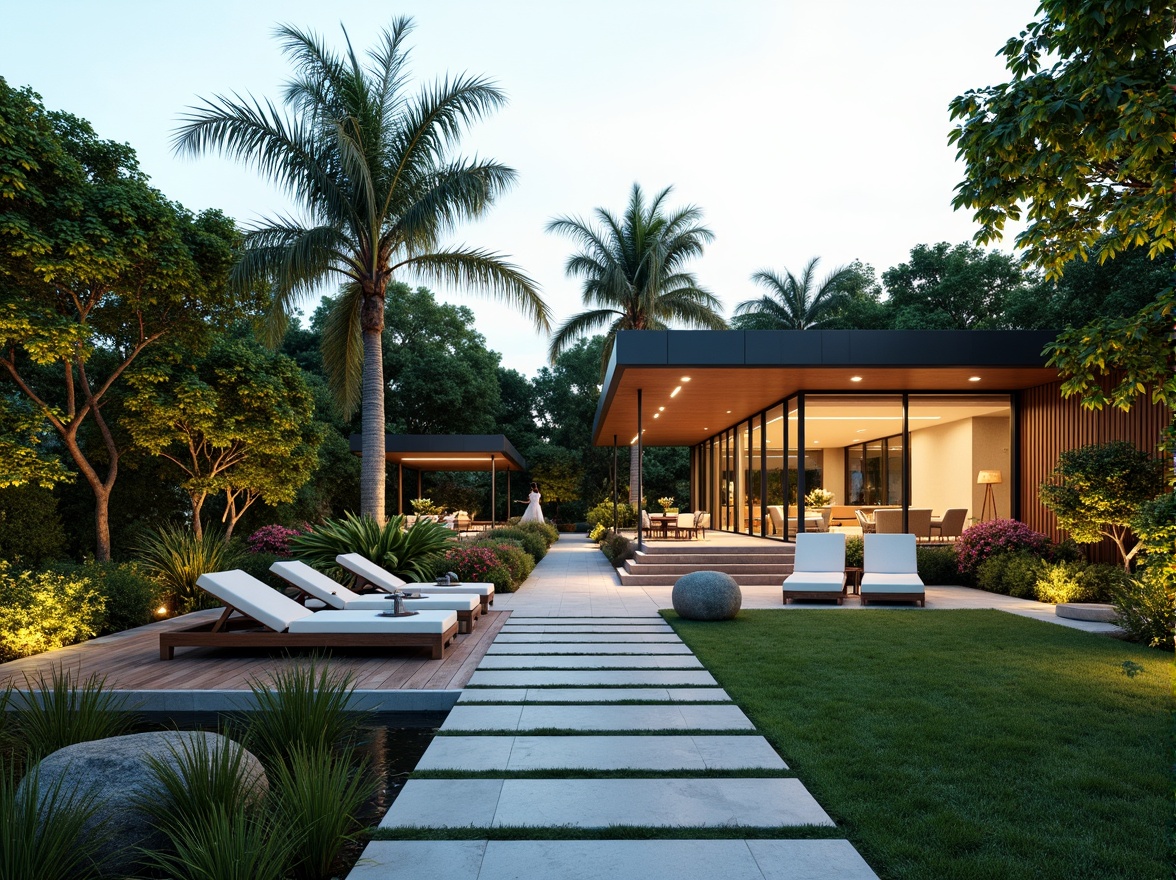 Prompt: Modern minimalist garden, sleek stone pathways, lush green lawns, angular planters, tropical plants, vibrant flowering trees, natural wood accents, geometric-shaped ponds, modern outdoor furniture, cantilevered rooflines, floor-to-ceiling windows, seamless indoor-outdoor transition, warm LED lighting, shallow depth of field, 3/4 composition, panoramic view, realistic textures, ambient occlusion.