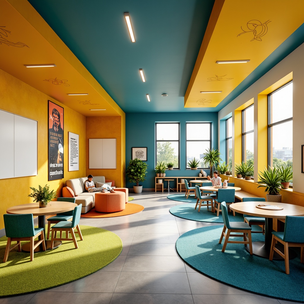 Prompt: Vibrant learning environment, energetic yellow walls, calming blue accents, natural wood furniture, playful green rugs, inspirational quote decals, modern minimalist lighting, eclectic mix of textures, bold geometric patterns, stimulating orange highlights, creamy whiteboard surfaces, collaborative open spaces, flexible seating arrangements, abundant natural light, soft warm glow, shallow depth of field, 1/1 composition, realistic renderings, ambient occlusion.