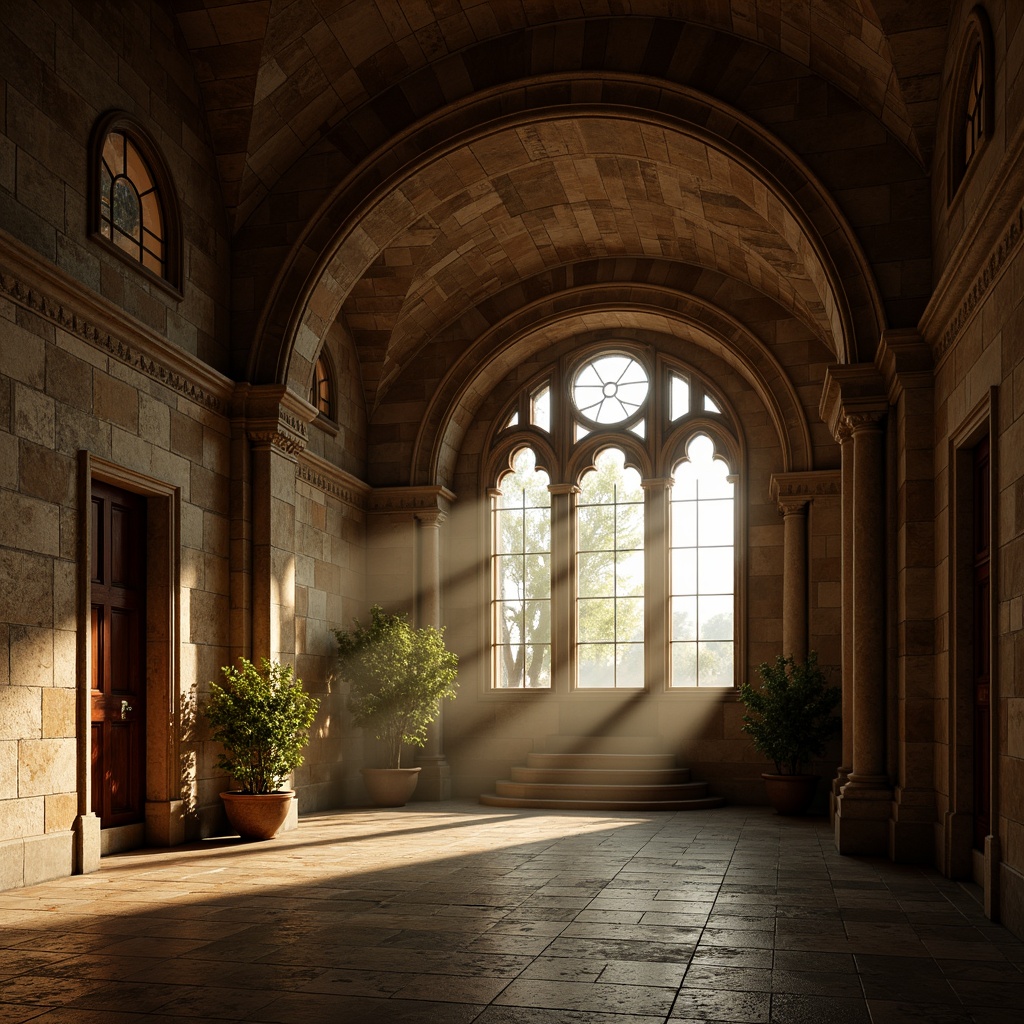 Prompt: Rustic stone walls, weathered granite facades, ornate carvings, intricate moldings, heavy arches, rounded columns, vaulted ceilings, stained glass windows, richly patterned floors, warm golden lighting, soft shadows, atmospheric mist, 3/4 composition, low-angle view, realistic textures, ambient occlusion.This prompt includes