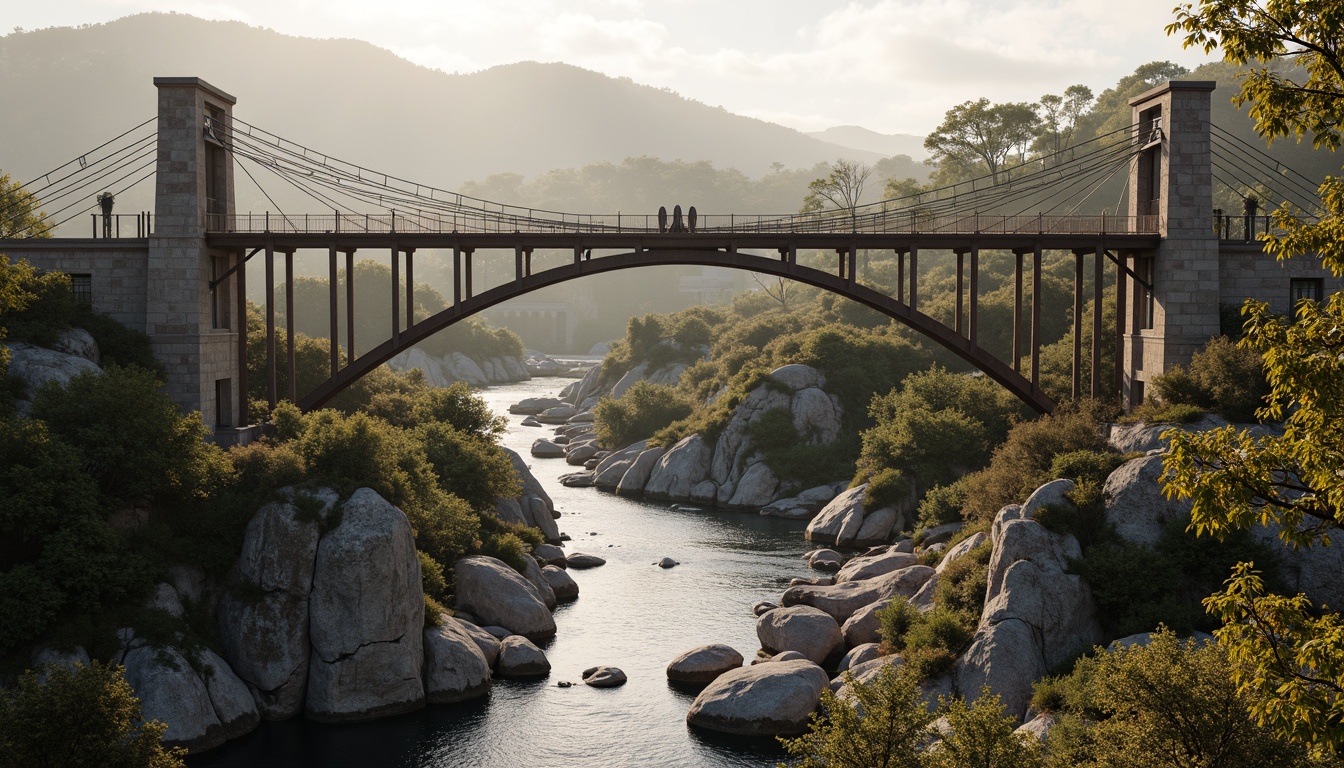 Prompt: Rustic steel bridges, arching structures, suspension cables, stone piers, wooden decks, regionalism-inspired design, earthy tones, natural materials, rugged textures, meandering rivers, scenic valleys, misty mornings, soft warm lighting, atmospheric perspective, 1/1 composition, symmetrical framing, realistic renderings, ambient occlusion.Let me know if you need any adjustments!