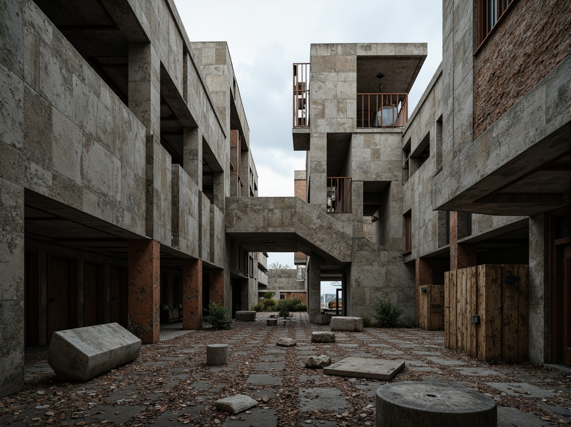 Prompt: Deconstructivist architecture, fragmented forms, irregular shapes, rough concrete textures, exposed industrial materials, metallic surfaces, rusty tones, distressed wood accents, brutalist elements, abstract compositions, dramatic lighting effects, moody atmospheric conditions, high-contrast shadows, 1/2 composition, dynamic camera angles, cinematic rendering, realistic material responses, advanced normal mapping.