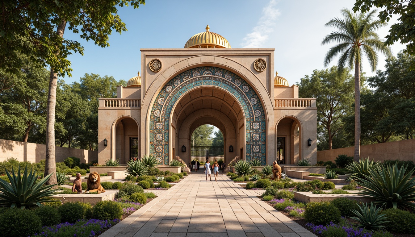 Prompt: Intricate stone carvings, ornate arches, golden domes, vibrant mosaic patterns, Byzantine-inspired zoo entrance, grandiose gates, majestic lions, playful monkeys, exotic birds, lush greenery, tropical plants, warm sunny day, soft warm lighting, shallow depth of field, 3/4 composition, panoramic view, realistic textures, ambient occlusion.