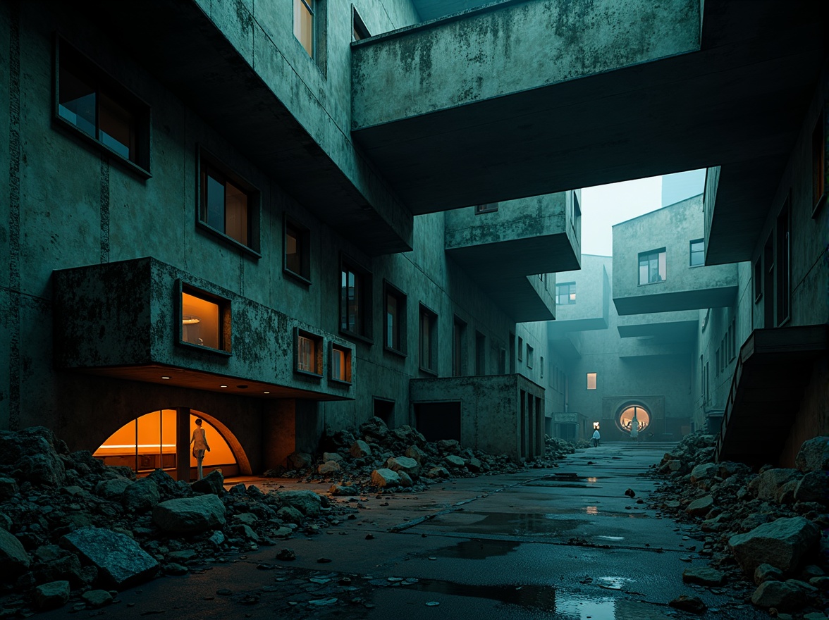 Prompt: Deconstructivist cinematic scene, dark muted color palette, rich textures, abstract shapes, fragmented forms, eerie atmosphere, dimly lit corridors, neon light accents, distorted reflections, broken mirrors, futuristic dystopian cityscape, abandoned industrial architecture, crumbling concrete walls, rusty metal debris, foggy misty environment, high contrast lighting, dramatic shadows, Dutch angle shots, handheld camera movements, avant-garde cinematography, experimental editing techniques.