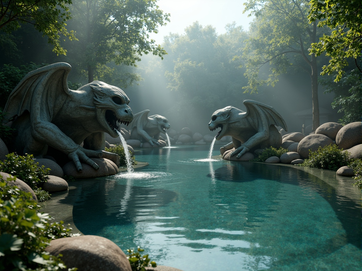 Prompt: Mysterious gargoyle statues, stone-carved wings, grotesque facial features, water-spouting mouths, eerie underwater lighting, misty ambiance, surrounding lush greenery, natural rock formations, curved pool edges, crystal-clear water, sunny day, shallow depth of field, 1/2 composition, realistic textures, ambient occlusion.