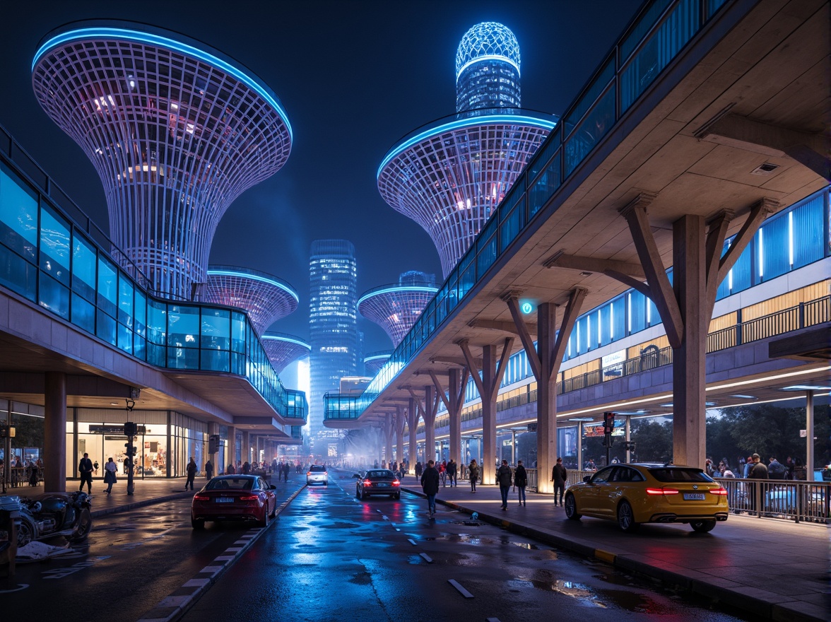 Prompt: Undulating vehicular bridges, iridescent metallic surfaces, glowing neon accents, futuristic arches, sweeping curves, bulbous pillars, reflective glass canopies, latticework railings, aerodynamic forms, dynamic lighting systems, misty atmospheric effects, shallow depth of field, 1/1 composition, panoramic view, realistic reflections, ambient occlusion, urban cityscape, bustling streets, vibrant nighttime illumination.