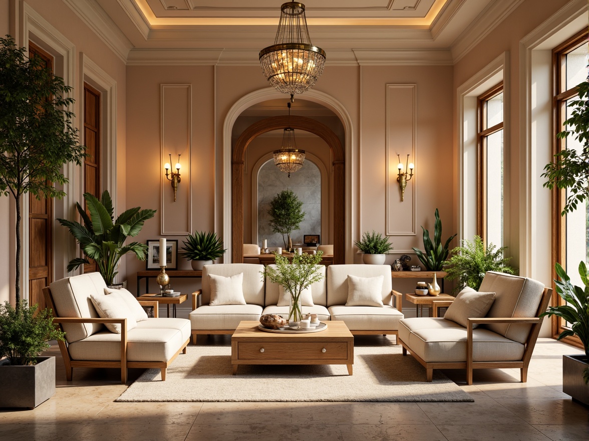 Prompt: Warm beige walls, creamy white trim, soft peach accents, rich wood tones, lush greenery, natural stone floors, elegant chandeliers, comfortable plush furniture, inviting textiles, warm golden lighting, shallow depth of field, 1/1 composition, realistic reflections, ambient occlusion.Please let me know if this meets your requirements!