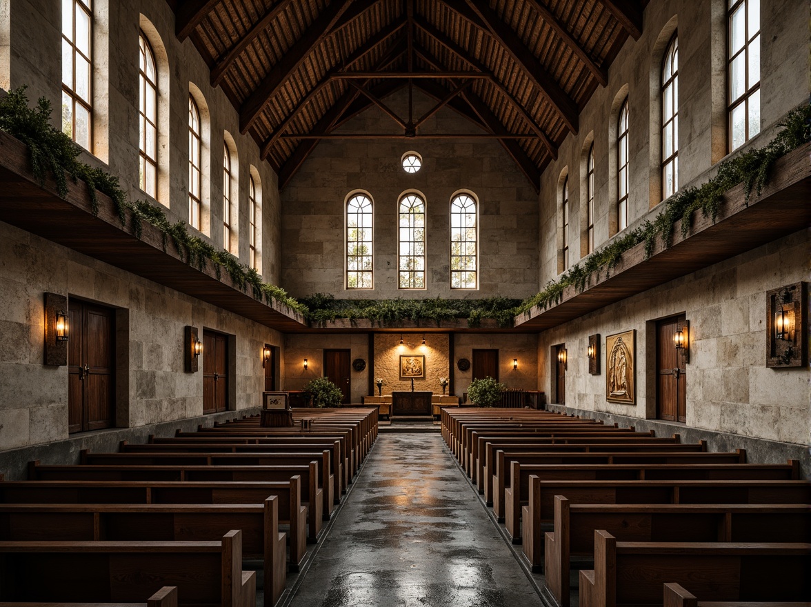 Prompt: Rustic brutalist church, rugged stone fa\u00e7ade, weathered concrete walls, industrial metal accents, oxidized copper details, earthy brown tones, moss-covered roofs, stained glass windows, dimly lit interiors, vaulted ceilings, ornate wooden pews, mysterious ambiance, dramatic shadows, warm golden lighting, shallow depth of field, 1/2 composition, symmetrical framing, realistic textures, ambient occlusion.