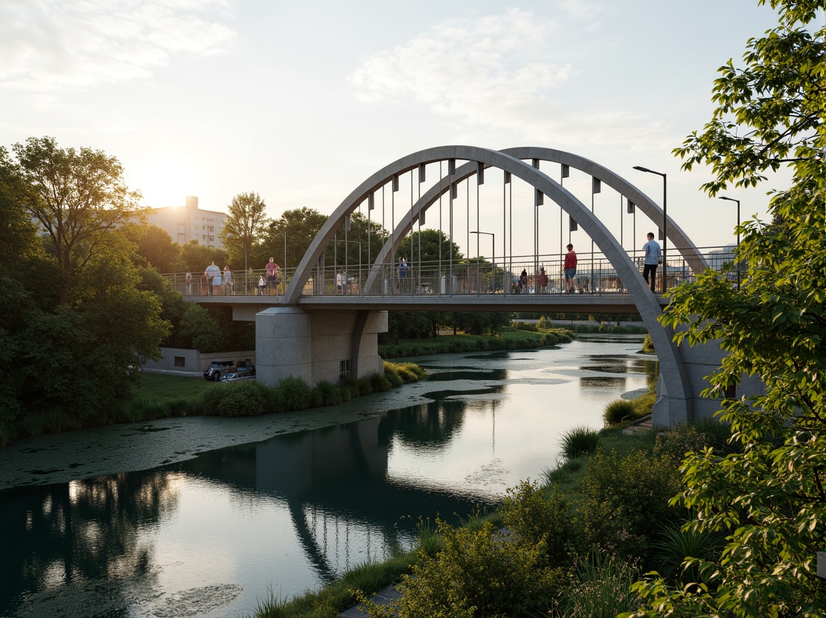 Prompt: Curved bridge silhouette, verdant riverbanks, lush vegetation, water reflection, steel arches, suspension cables, pedestrian walkways, bike lanes, urban connectivity, eco-friendly materials, green roofs, rainwater harvesting systems, solar panels, wind turbines, natural ventilation, soft warm lighting, shallow depth of field, 3/4 composition, panoramic view, realistic textures, ambient occlusion.