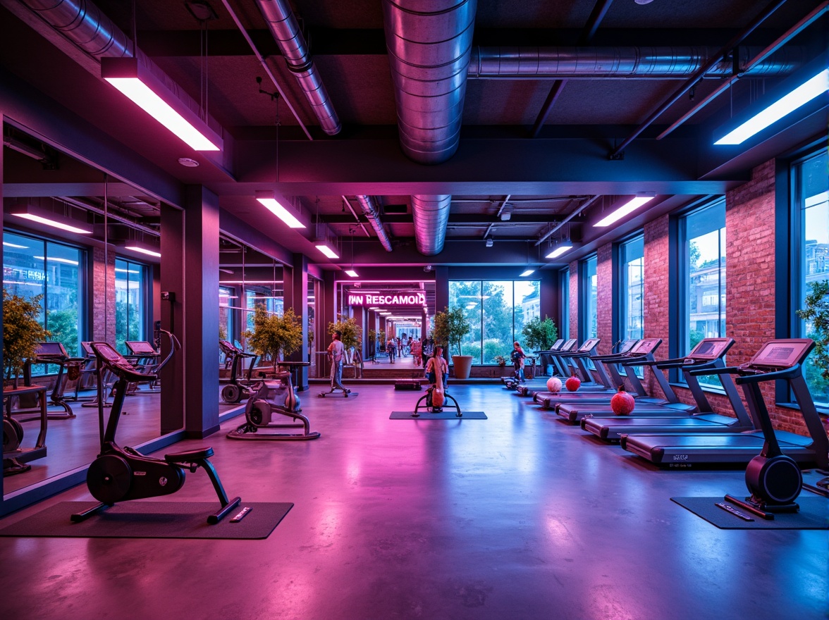 Prompt: Vibrant fitness club interior, high-ceilinged open spaces, polished concrete floors, mirrored walls, modern lighting fixtures, LED strip lights, color-changing ambiance, energizing neon signs, motivational quotes, industrial-style metal beams, sleek wooden accents, minimalist decor, state-of-the-art exercise equipment, free weights, treadmills, stationary bikes, yoga mats, meditation areas, refreshing color schemes, invigorating aromas, dynamic shadows, 1/2 composition, shallow depth of field, realistic reflections.