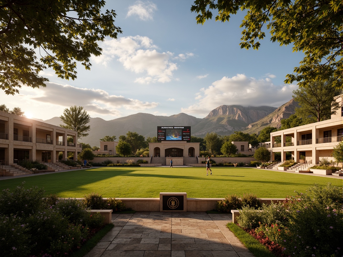 Prompt: Rustic sports stadium, natural grass fields, classic Greek columns, ornate stone arches, grand entrance gates, vintage scoreboard, nostalgic floodlights, warm evening ambiance, soft golden lighting, shallow depth of field, 2/3 composition, symmetrical framing, realistic textures, ambient occlusion, weathered stone walls, wooden benches, athletic tracks, tennis courts, soccer fields, baseball diamonds, elegant landscaping, manicured hedges, blooming flowers, sunny afternoon, warm breeze.