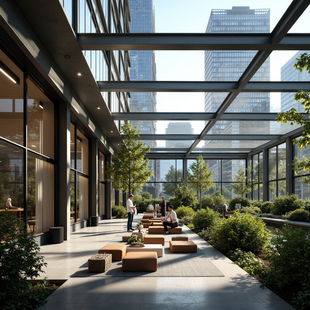 Prompt: Minimalist glass facade, sleek metal framework, open floor plans, airy atriums, transparent elevations, cantilevered roofs, floor-to-ceiling windows, sliding glass doors, natural ventilation systems, exposed ductwork, polished concrete floors, industrial-style lighting, modern minimalist furniture, abundant greenery, urban cityscape views, morning sunlight, soft warm glow, shallow depth of field, 3/4 composition, panoramic view, realistic reflections, subtle ambient occlusion.