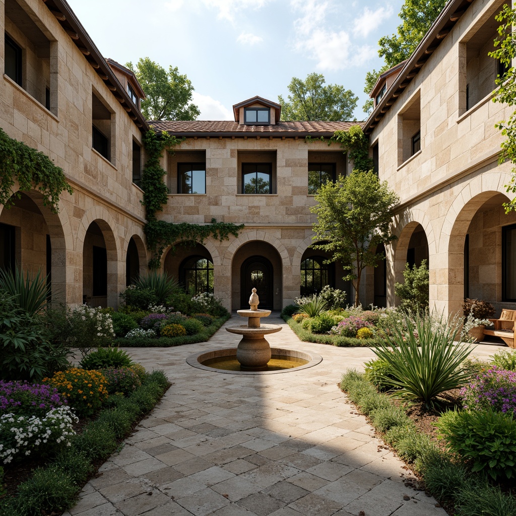 Prompt: Rustic courtyard, weathered stone walls, climbing ivy, ornate fountains, lush greenery, vibrant flowers, meandering walkways, natural stone pavers, wrought iron gates, grand archways, symmetrical layout, imposing entrance, statues, columnar structures, warm earthy tones, soft diffused lighting, 1/1 composition, realistic textures, ambient occlusion.Please let me know if this meets your requirements!