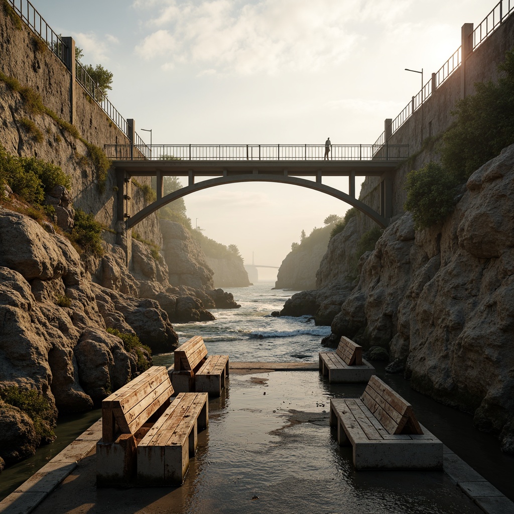 Prompt: Weathered steel bridges, rusted metal railings, rough concrete piers, driftwood-inspired benches, ocean-battered stone walls, misty marine atmosphere, sea-salt eroded surfaces, wave-crashed shores, rugged coastline, dramatic cliffside settings, warm golden lighting, soft misty fog, 1/2 composition, symmetrical framing, high dynamic range, detailed normal maps, realistic water simulations.