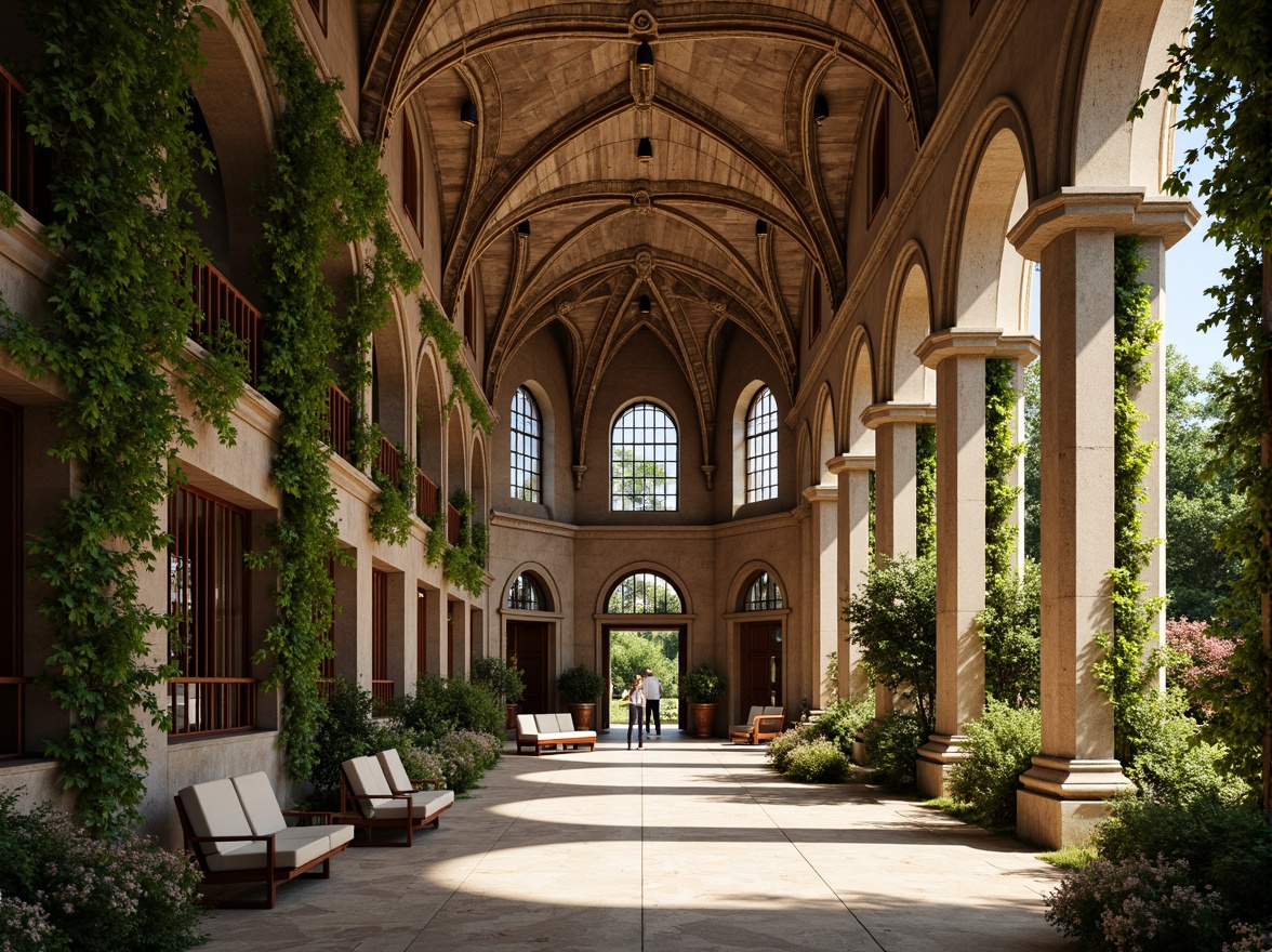 Prompt: Ornate Romanesque church, intricate stone carvings, ornamental arches, decorative columns, vaulted ceilings, stained glass windows, grand entrance doors, rustic stone walls, verdant ivy climbers, lush greenery surroundings, warm sunny day, soft diffused lighting, shallow depth of field, 1/2 composition, symmetrical view, realistic textures, ambient occlusion.