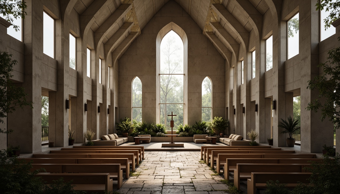 Prompt: Rustic brutalist church, raw concrete walls, rugged stone floors, dramatic natural lighting, clerestory windows, diffused soft illumination, atmospheric ambiance, mystical spiritual atmosphere, vaulted ceilings, angular lines, minimalist decor, sparse furnishings, sacred symbols, stained glass windows, subtle color palette, warm beige tones, earthy textures, organic materials, overcast sky, soft shadows, low-key lighting, 1/1 composition, realistic renderings.