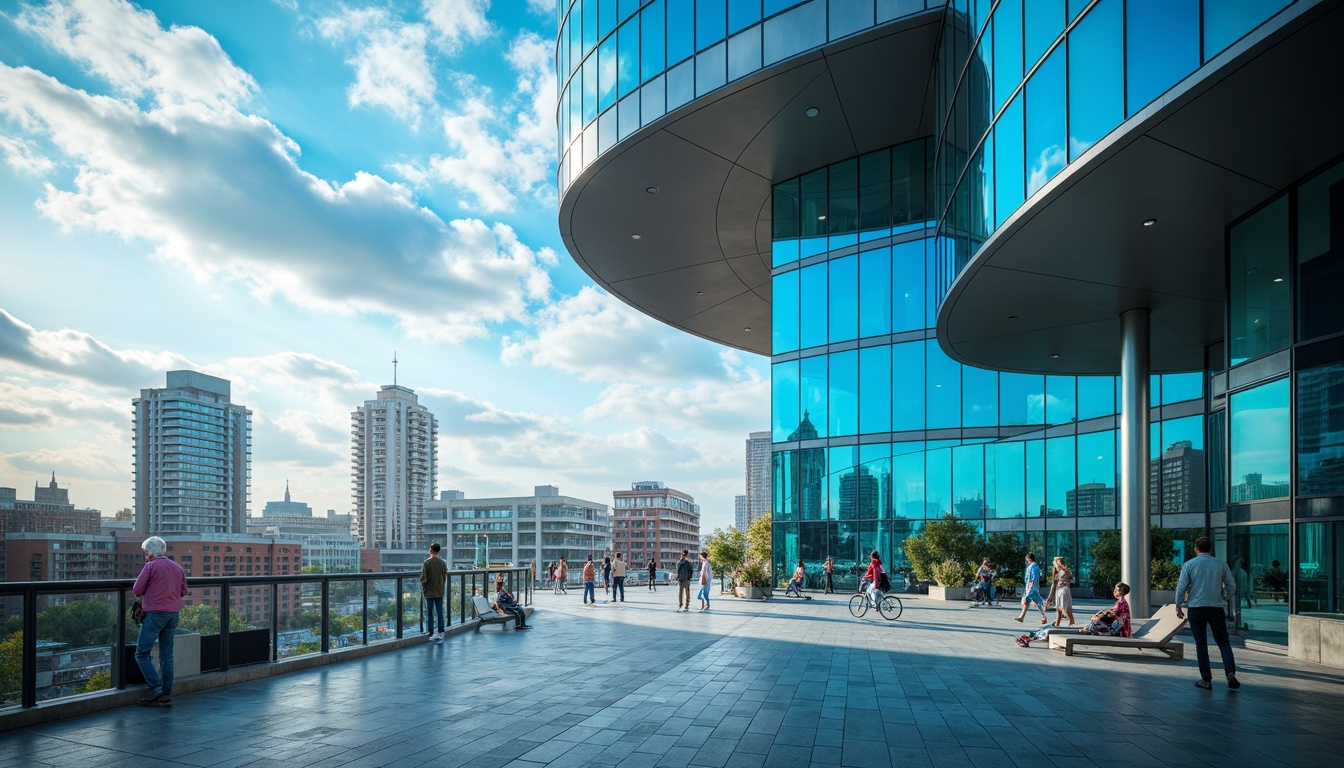 Prompt: Vibrant azure accents, bold contrasting colors, modern minimalist design, sleek metallic surfaces, glass and steel materials, futuristic architecture, urban cityscape, dramatic cloud formations, warm sunny day, soft diffused lighting, shallow depth of field, 1/1 composition, realistic textures, ambient occlusion.