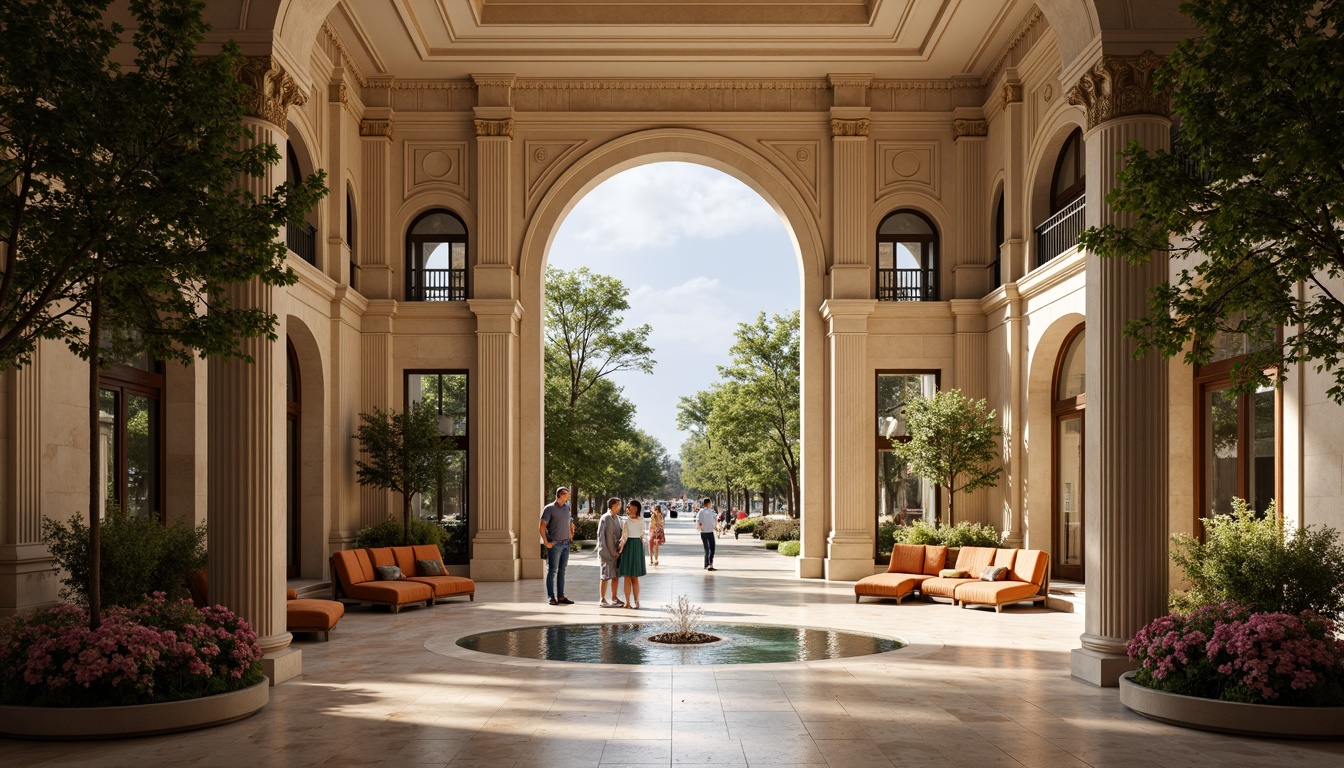 Prompt: Grand entrance, elegant archways, ornate columns, lavish fountains, vibrant floral arrangements, modern minimalist lines, sleek metallic accents, floor-to-ceiling windows, dramatic overhangs, intricate stone carvings, luxurious marble floors, sophisticated color schemes, warm ambient lighting, shallow depth of field, 1/1 composition, realistic textures, ambient occlusion.