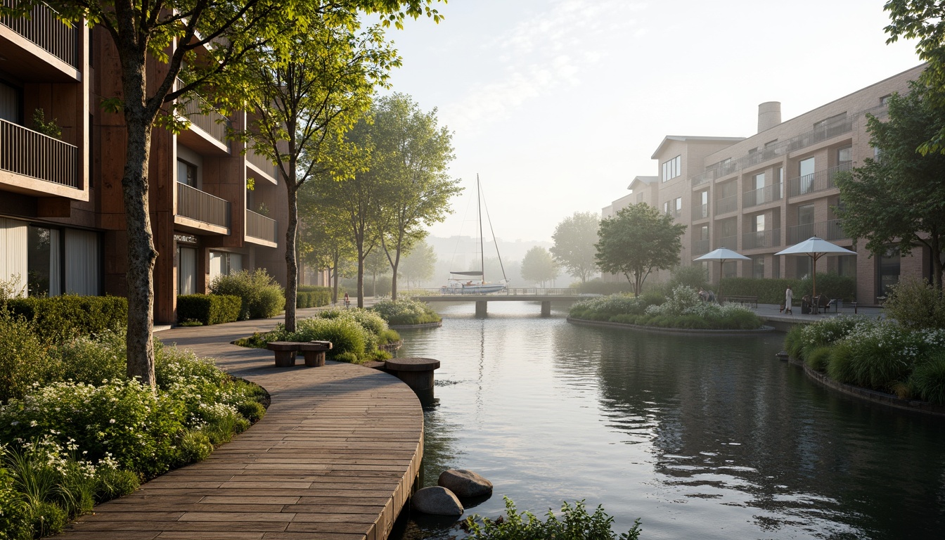 Prompt: Riverbank walkway, lush green vegetation, serene water flow, wooden docks, sailboats, rustic stone walls, modern riverbank architecture, large windows, sliding glass doors, cantilevered balconies, natural wood accents, earthy tone color palette, soft morning light, gentle mist, 1/1 composition, realistic water reflections, ambient occlusion.