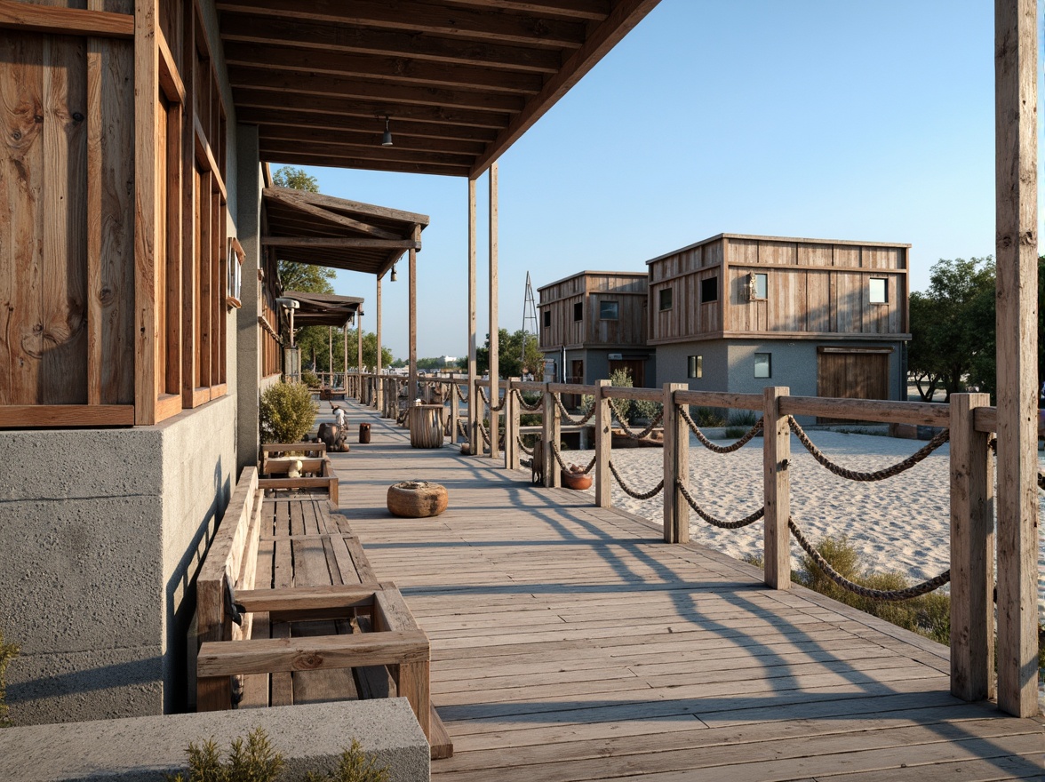 Prompt: Weathered wooden planks, driftwood accents, rusty metal fittings, sea-salted stone walls, rough-hewn granite foundations, ocean-battered concrete pillars, corrugated steel roofs, distressed wooden decks, nautical rope railings, faded beach signs, sandy dunes backdrop, clear blue sky, warm sunny day, soft natural lighting, 1/1 composition, realistic textures, ambient occlusion.