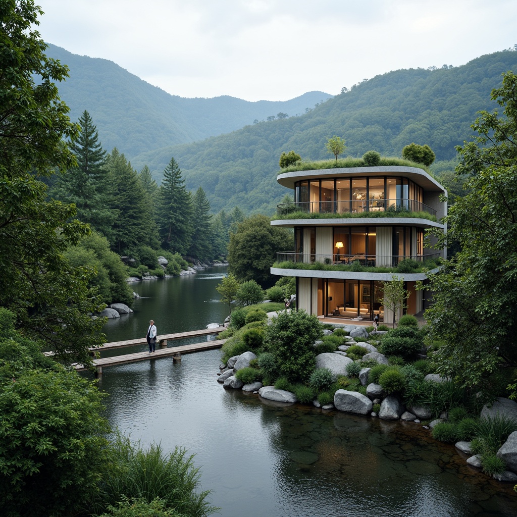 Prompt: Harmonious mountainous backdrop, rolling hills, serene lakeside, lush green forests, meandering streams, rustic wooden bridges, blending modern architecture, curved lines, eco-friendly materials, living roofs, verdant walls, cantilevered structures, expansive glass windows, natural stone fa\u00e7ades, minimalist design, ambient lighting, shallow depth of field, 3/4 composition, panoramic view, realistic textures.