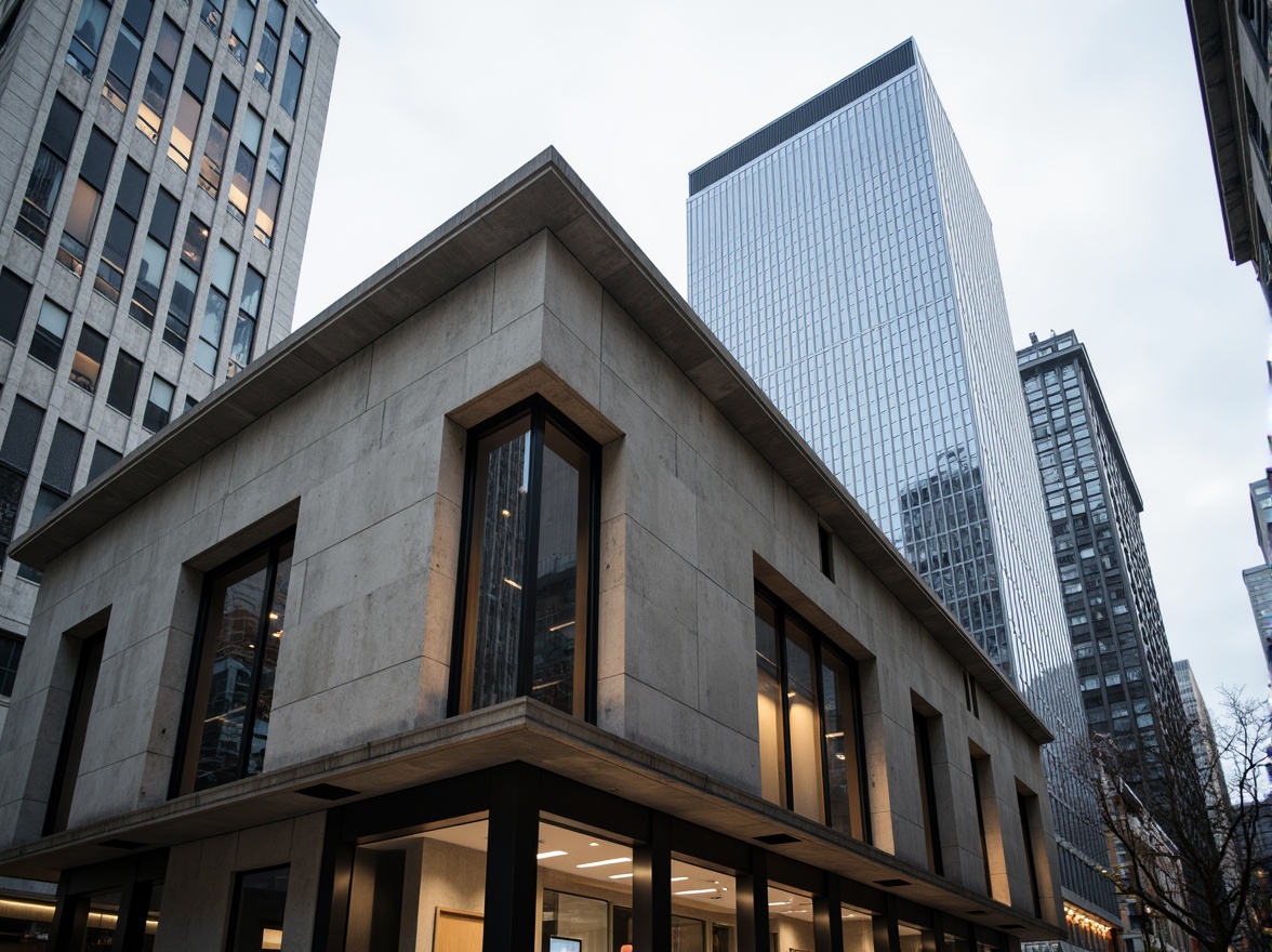 Prompt: Monumental bank building, brutalist architecture, concrete textures, steel beams, glass facades, modernist design, urban cityscape, cloudy day, soft diffused lighting, 3/4 composition, shallow depth of field;Color Palette