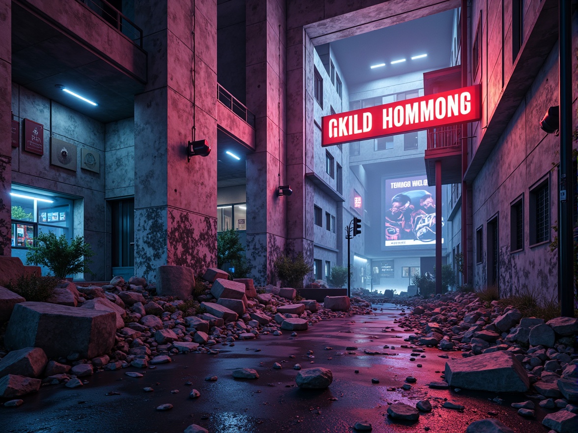 Prompt: Deconstructivist film set, distressed urban landscape, crumbling concrete walls, neon-lit cityscape, abstract geometric patterns, vibrant clashing colors, high-contrast lighting, bold typography, avant-garde architecture, industrial textures, metallic sheen, moody atmospheric fog, cinematic lens flares, shallow depth of field, 2.39