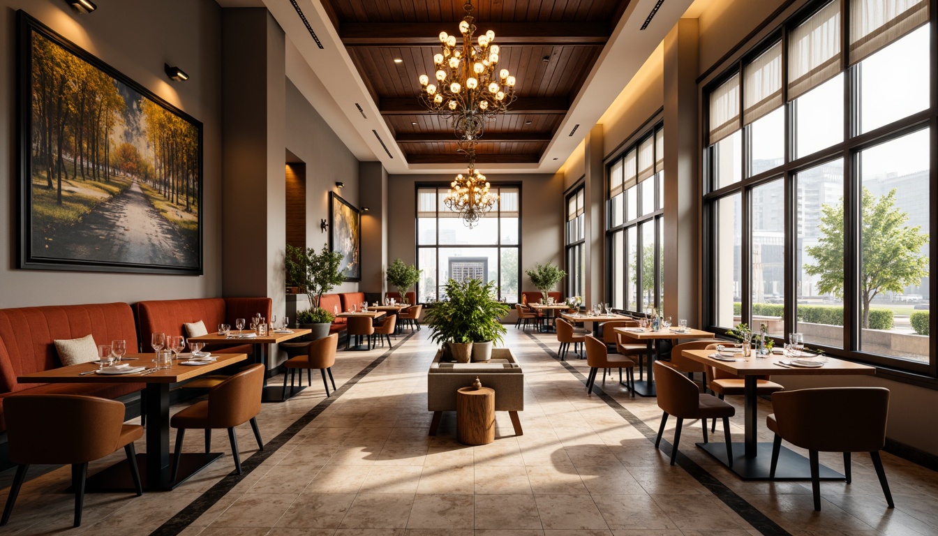 Prompt: Elegant dining hall, high ceilings, large windows, natural lighting, soft warm ambiance, wooden tables, comfortable seating, decorative chandeliers, refined tableware, exquisite wall art, sophisticated color schemes, marble flooring, luxurious fabrics, subtle textures, shallow depth of field, 1/1 composition, realistic rendering, ambient occlusion.