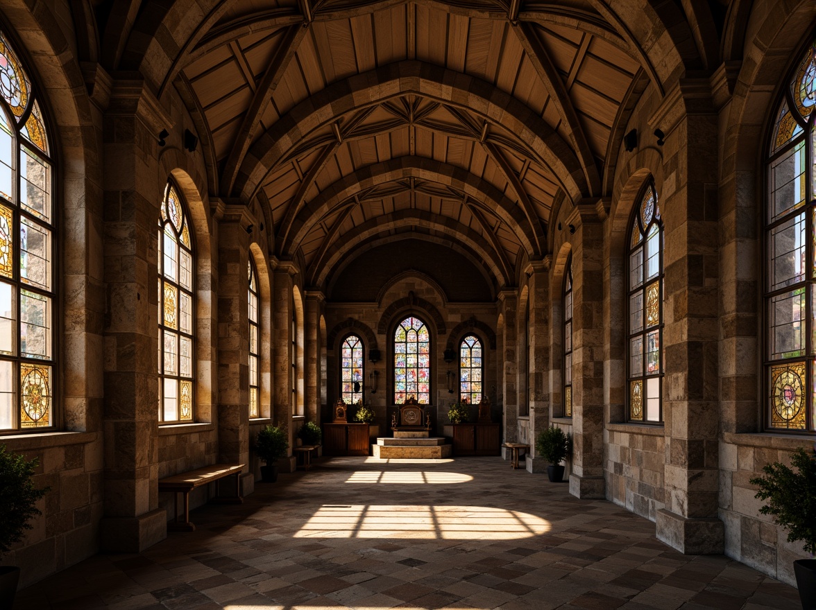 Prompt: Rustic stone walls, weathered arches, ornate carvings, intricate moldings, rough-hewn granite columns, rounded barrel vaults, dimly lit nave, rich tapestries, ornamental metalwork, vibrant stained glass windows, warm golden lighting, dramatic shadows, 1/2 composition, symmetrical framing, realistic stone textures, ambient occlusion.