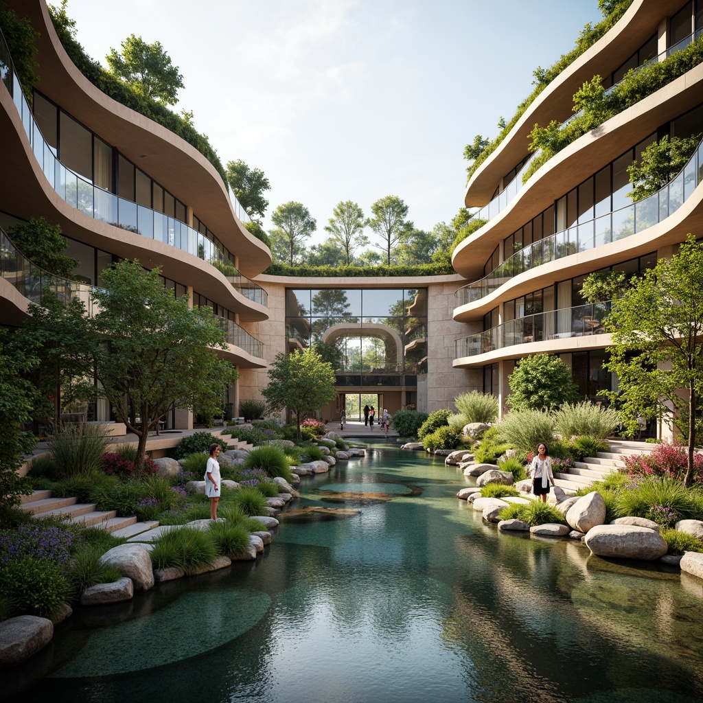 Prompt: Harmonious fusion architecture, curved lines, futuristic shapes, lush green roofs, natural stone walls, cantilevered structures, suspended walkways, water features, koi ponds, blooming flowers, vibrant colors, soft warm lighting, shallow depth of field, 3/4 composition, panoramic view, realistic textures, ambient occlusion, serene atmosphere, eco-friendly materials, sustainable energy solutions, solar panels, wind turbines, innovative cooling technologies, shaded outdoor spaces, misting systems, natural ventilation systems, organic-inspired patterns, intricate geometric motifs.